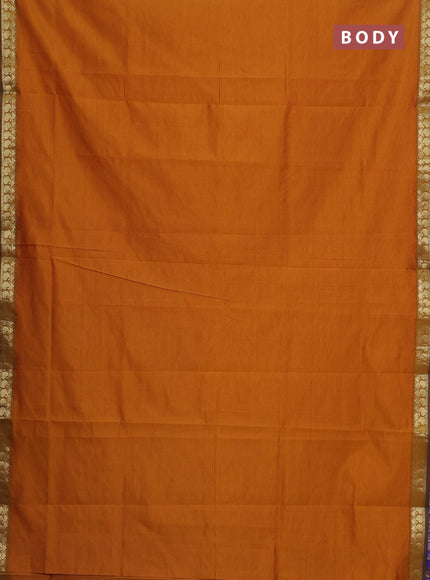 Semi silk cotton saree mustard yellow and blue with plain body and zari woven border