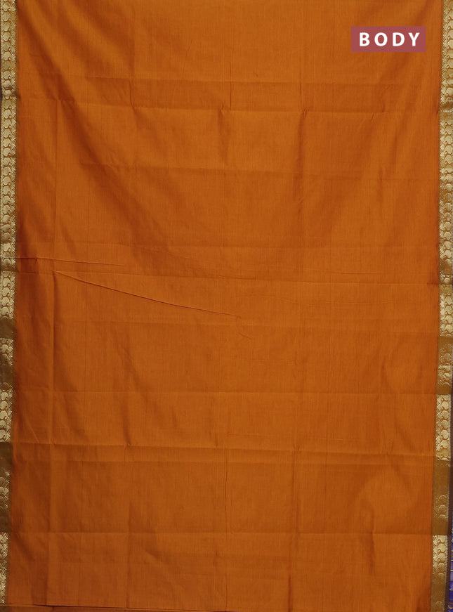 Semi silk cotton saree mustard yellow and blue with plain body and zari woven border