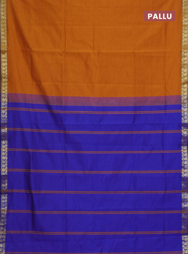 Semi silk cotton saree mustard yellow and blue with plain body and zari woven border