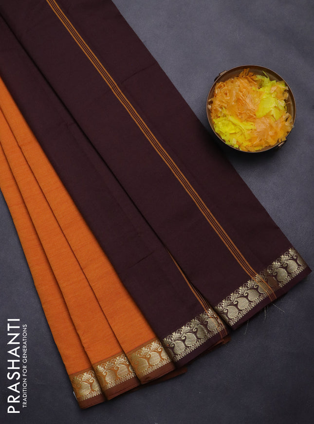 Semi silk cotton saree dual shade of mango yellow and coffee brown with plain body and zari woven border