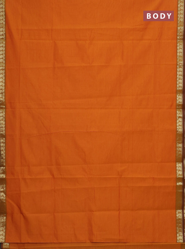 Semi silk cotton saree dual shade of mango yellow and coffee brown with plain body and zari woven border