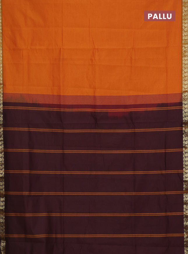 Semi silk cotton saree dual shade of mango yellow and coffee brown with plain body and zari woven border
