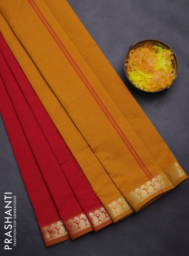 Semi silk cotton saree kumkum red and mustard yellow with plain body and zari woven border
