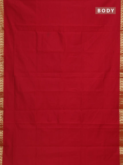 Semi silk cotton saree kumkum red and mustard yellow with plain body and zari woven border