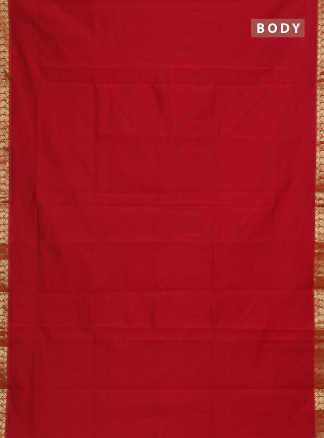 Semi silk cotton saree kumkum red and mustard yellow with plain body and zari woven border