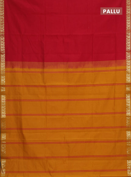 Semi silk cotton saree kumkum red and mustard yellow with plain body and zari woven border