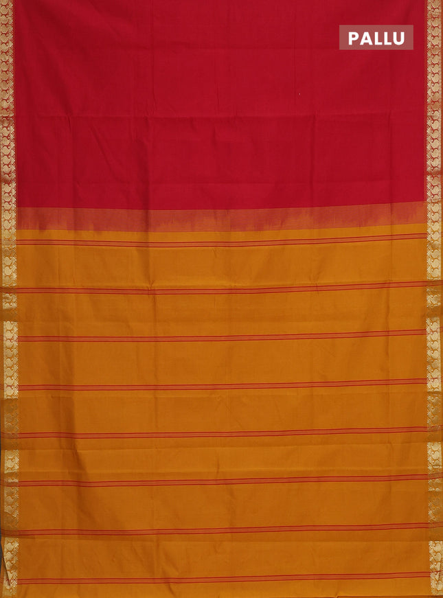 Semi silk cotton saree kumkum red and mustard yellow with plain body and zari woven border