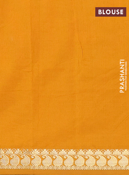 Semi silk cotton saree kumkum red and mustard yellow with plain body and zari woven border