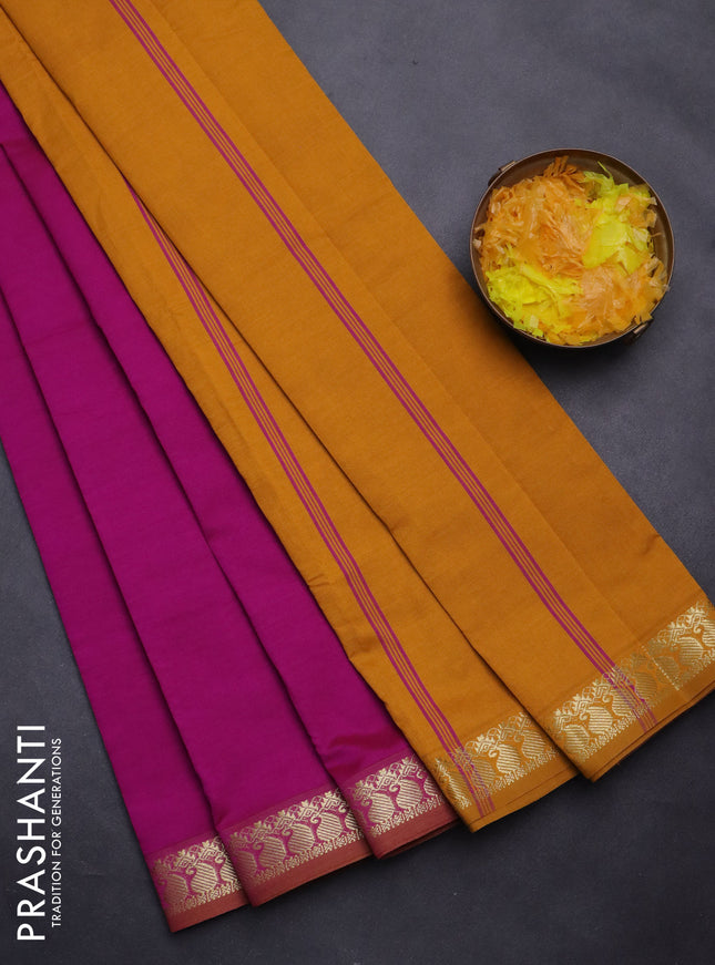 Semi silk cotton saree magenta pink and mustard yellow with plain body and zari woven border