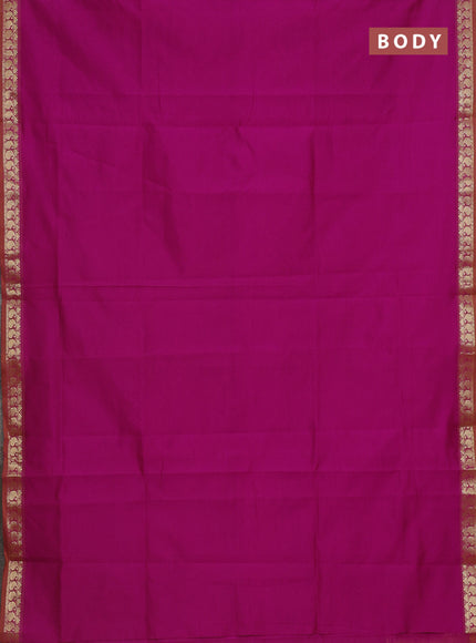 Semi silk cotton saree magenta pink and mustard yellow with plain body and zari woven border