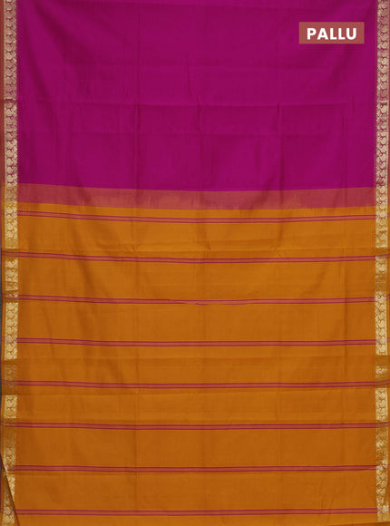 Semi silk cotton saree magenta pink and mustard yellow with plain body and zari woven border