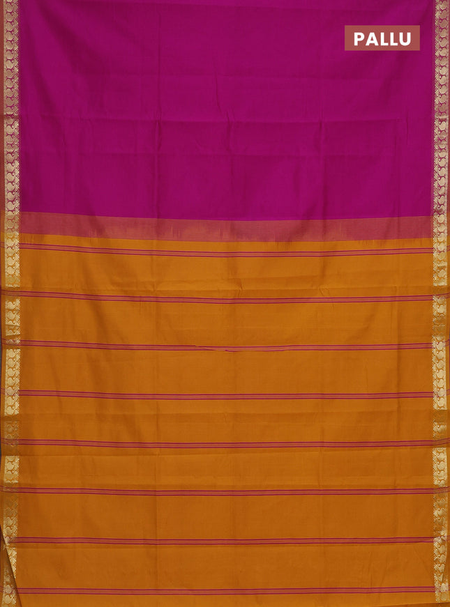 Semi silk cotton saree magenta pink and mustard yellow with plain body and zari woven border