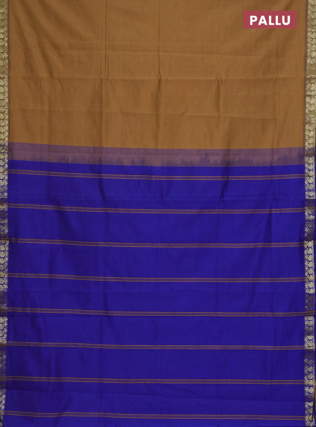 Semi silk cotton saree dark sandal and blue with plain body and zari woven border
