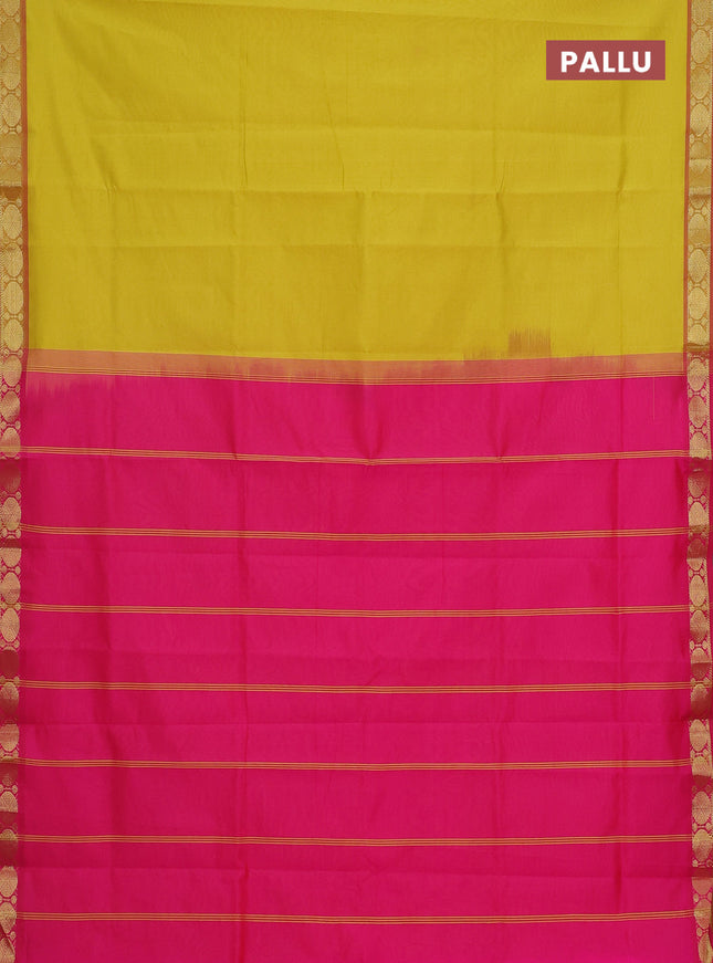Semi silk cotton saree lime yellow and pink with plain body and zari woven border