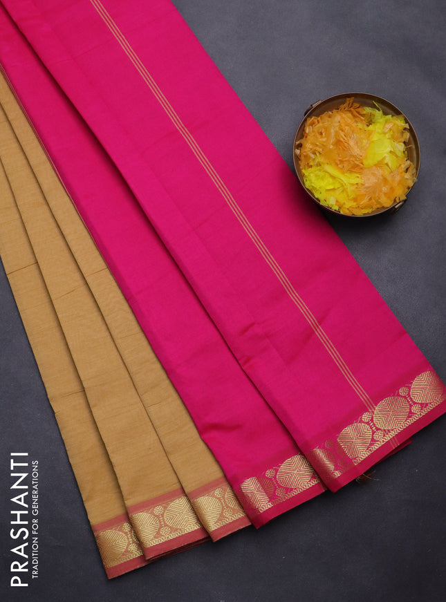 Semi silk cotton saree sandal and pink with plain body and zari woven border