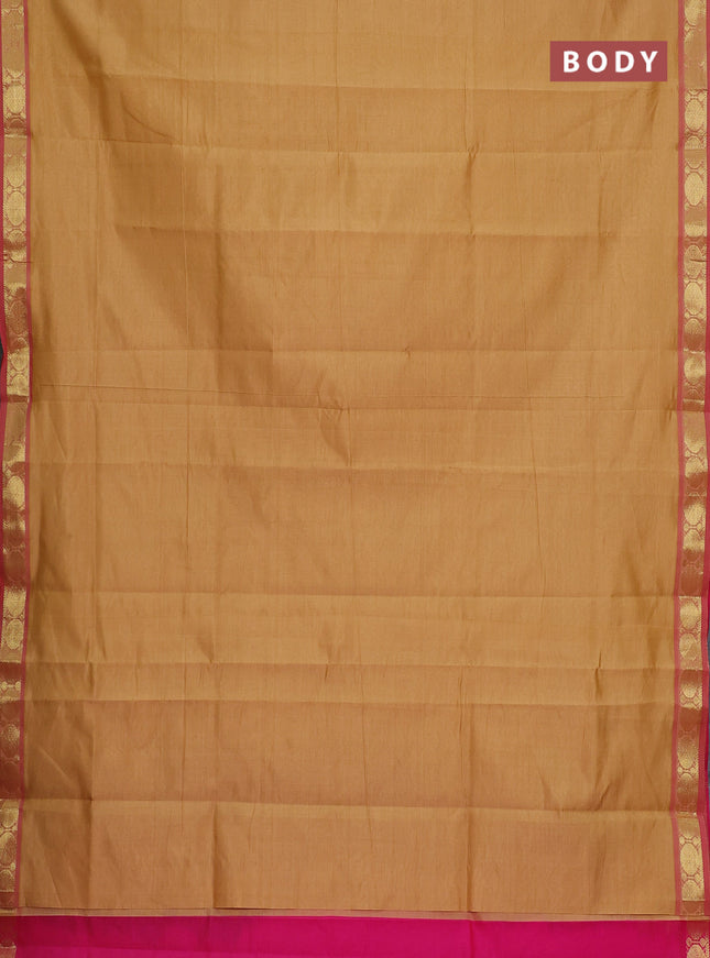 Semi silk cotton saree sandal and pink with plain body and zari woven border