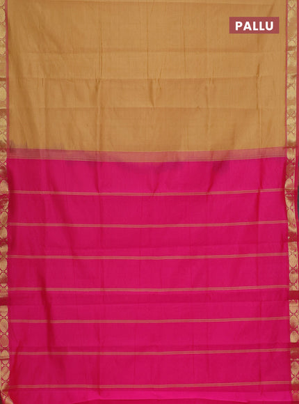Semi silk cotton saree sandal and pink with plain body and zari woven border