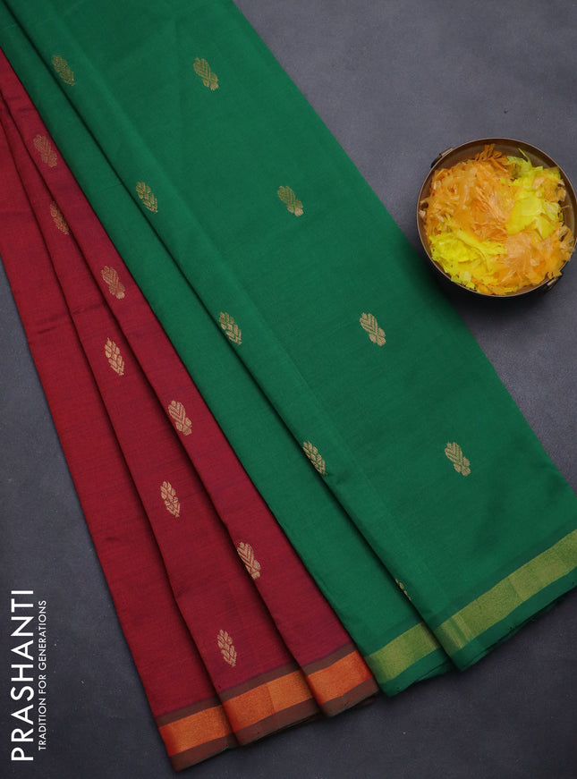 Semi silk cotton saree maroon and green with zari woven buttas and zari woven border