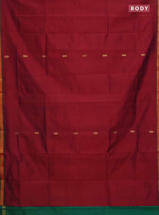 Semi silk cotton saree maroon and green with zari woven buttas and zari woven border