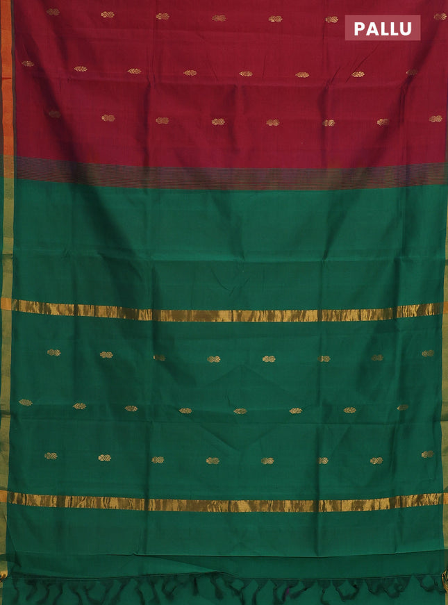 Semi silk cotton saree maroon and green with zari woven buttas and zari woven border