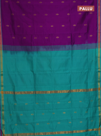 Semi silk cotton saree purple and teal green with zari woven buttas and zari woven border