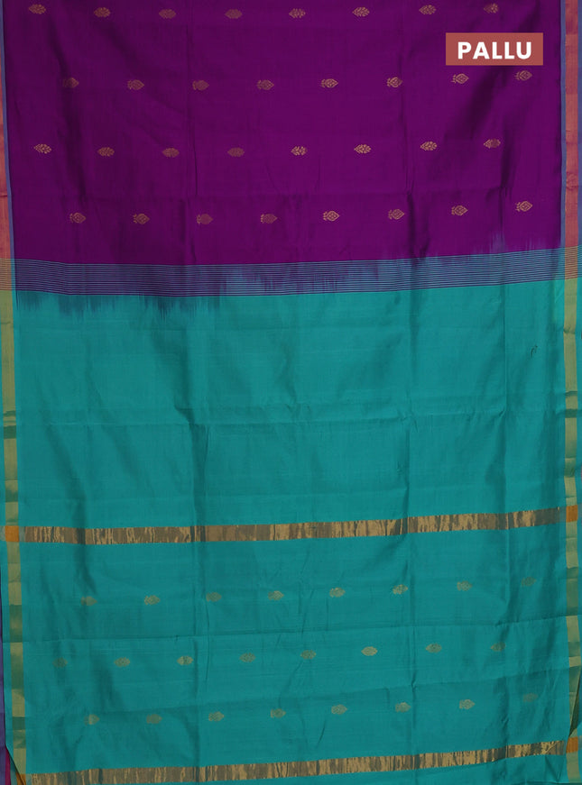 Semi silk cotton saree purple and teal green with zari woven buttas and zari woven border