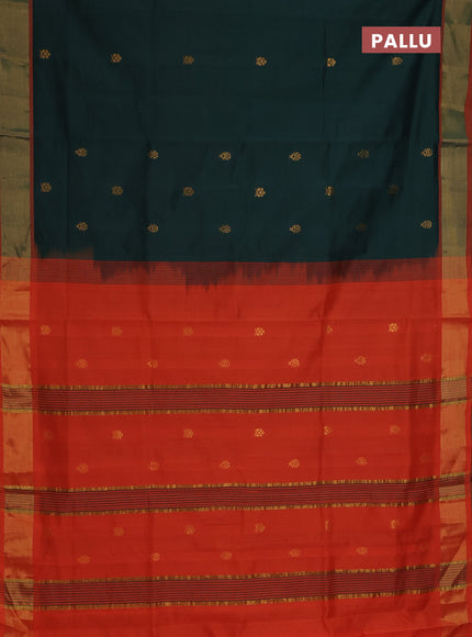 Semi silk cotton saree bottle green and orange with zari woven buttas and zari woven border