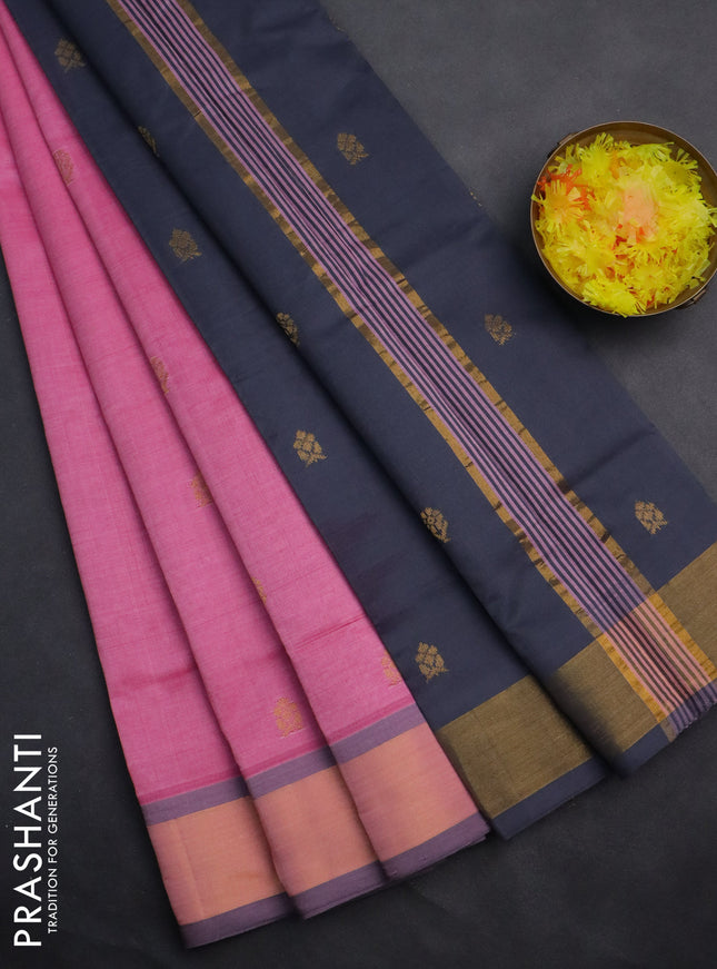 Semi silk cotton saree light pink and grey with zari woven buttas and zari woven border