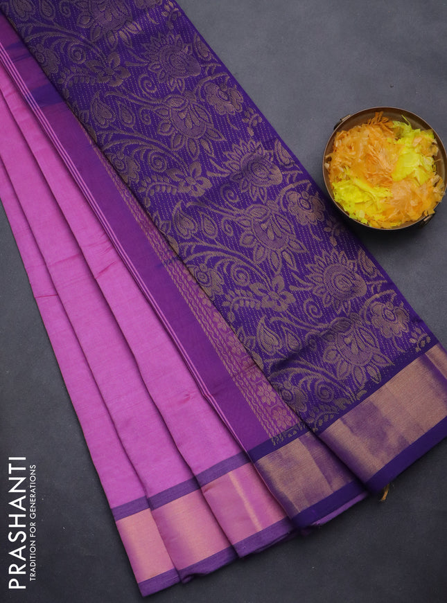 Semi silk cotton saree lotus pink and dark blue with thread & zari woven annam buttas and zari woven border