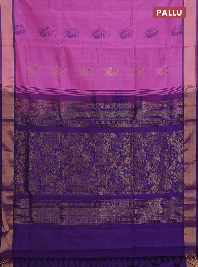 Semi silk cotton saree lotus pink and dark blue with thread & zari woven annam buttas and zari woven border