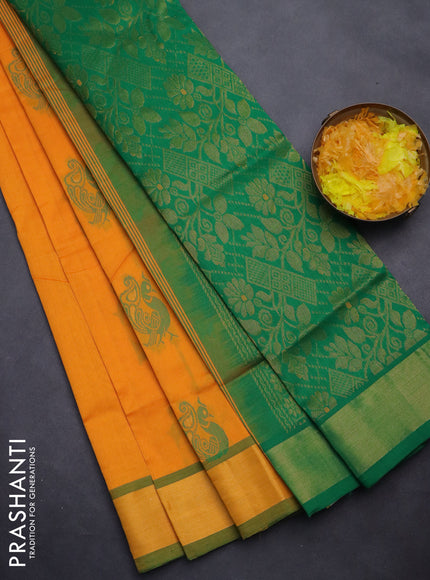 Semi silk cotton saree mango yellow and green with thread & zari woven annam buttas and zari woven border
