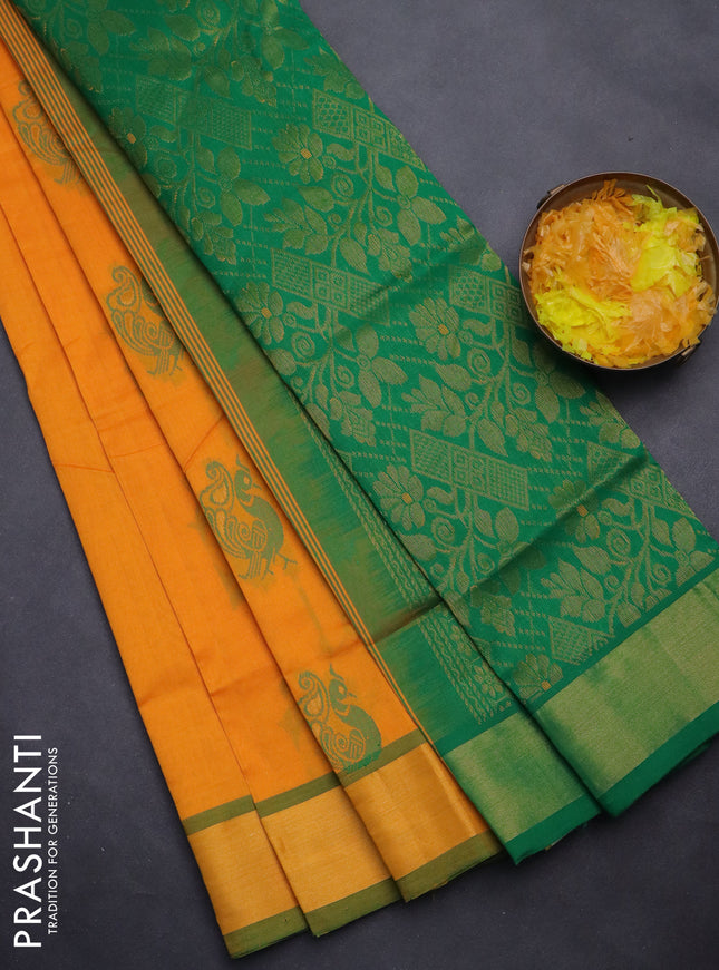 Semi silk cotton saree mango yellow and green with thread & zari woven annam buttas and zari woven border