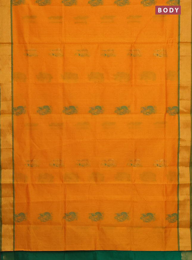 Semi silk cotton saree mango yellow and green with thread & zari woven annam buttas and zari woven border