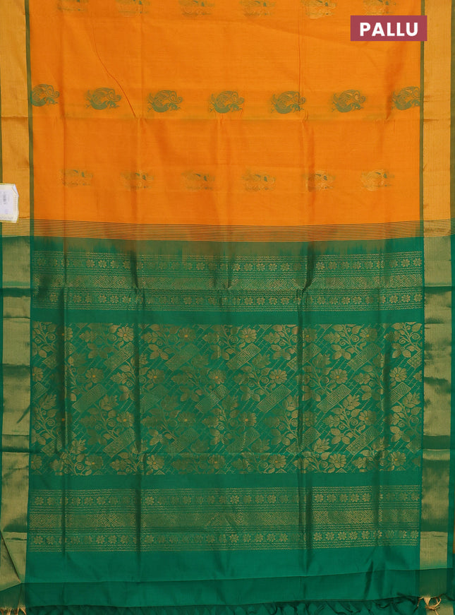 Semi silk cotton saree mango yellow and green with thread & zari woven annam buttas and zari woven border