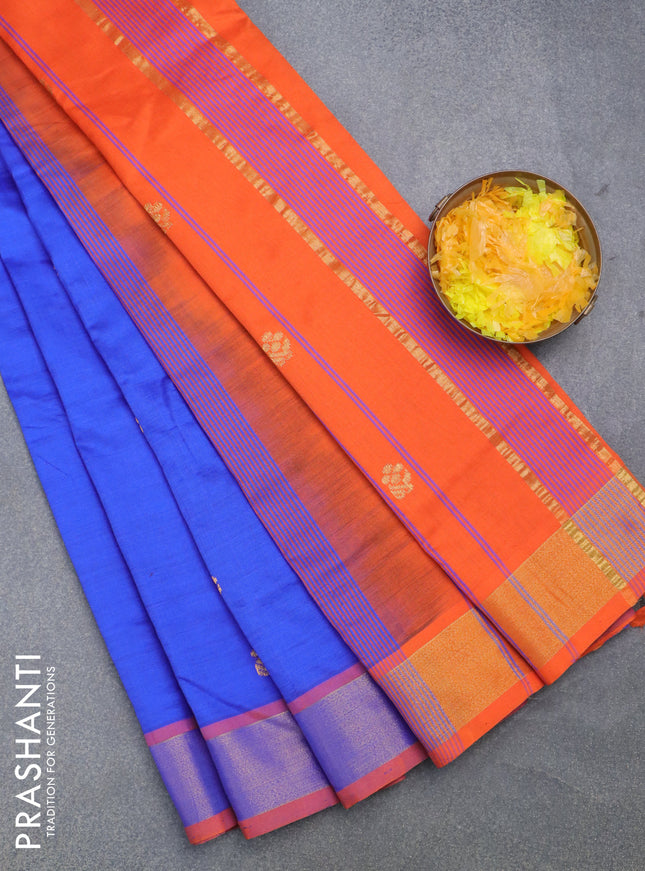 Semi silk cotton saree blue and orange with zari woven buttas and zari woven border