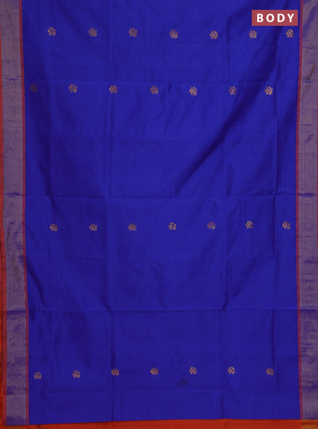 Semi silk cotton saree blue and orange with zari woven buttas and zari woven border