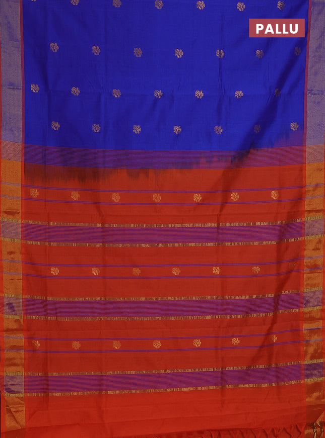 Semi silk cotton saree blue and orange with zari woven buttas and zari woven border