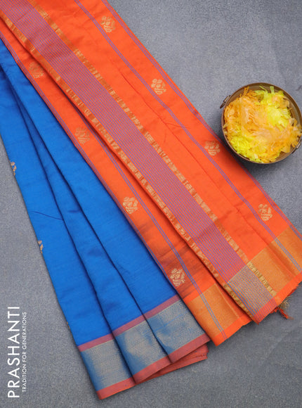 Semi silk cotton saree cs blue and orange with zari woven buttas and zari woven border