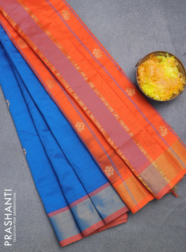 Semi silk cotton saree cs blue and orange with zari woven buttas and zari woven border