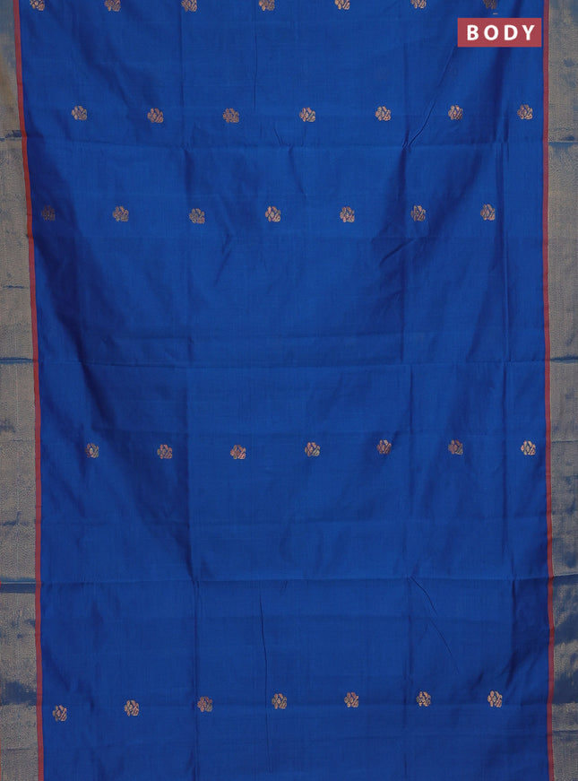 Semi silk cotton saree cs blue and orange with zari woven buttas and zari woven border