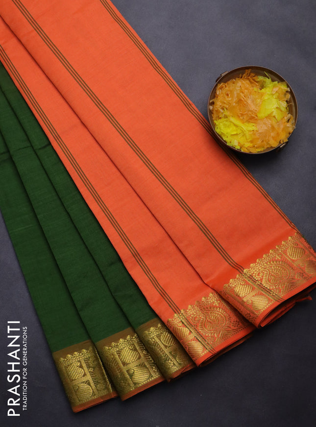 Semi silk cotton saree sap green and orange with plain body and paisley zari woven border