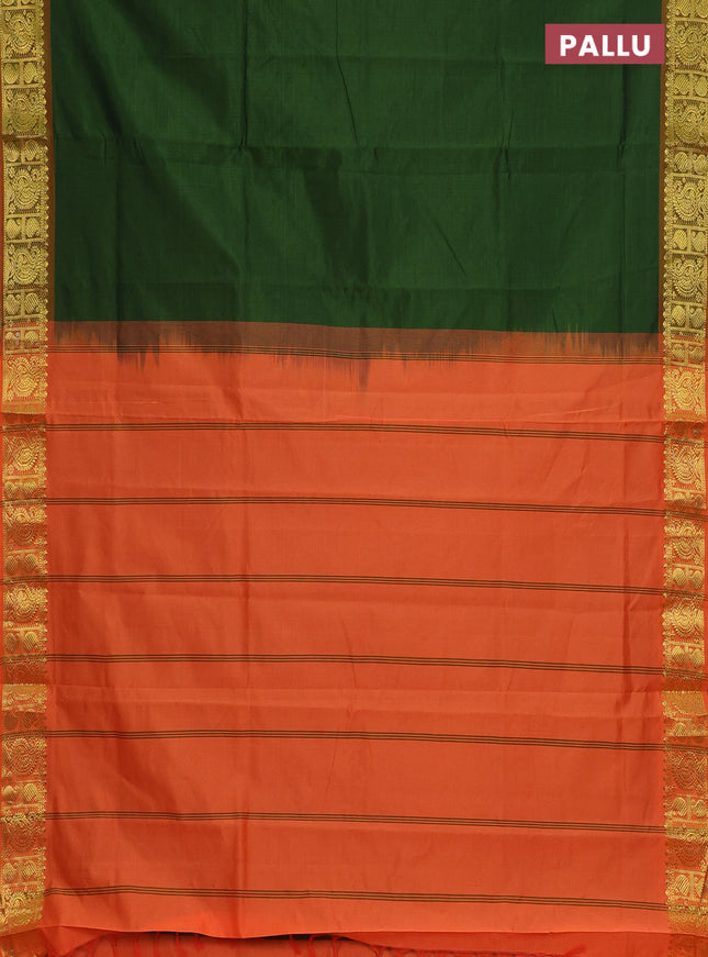 Semi silk cotton saree sap green and orange with plain body and paisley zari woven border