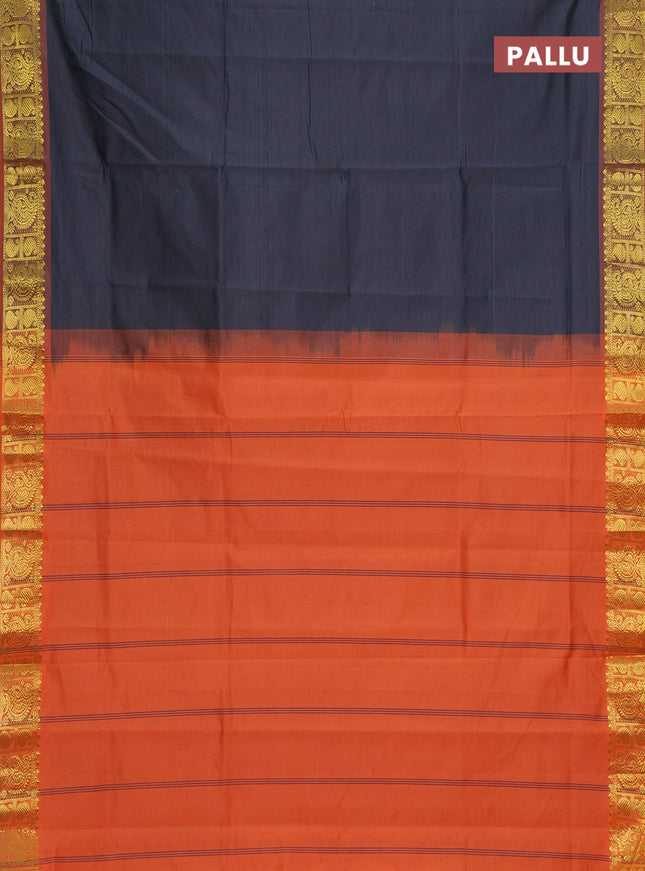 Semi silk cotton saree grey and orange with plain body and paisley zari woven border
