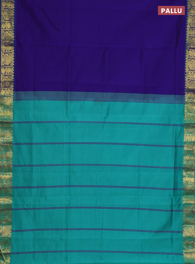Semi silk cotton saree blue and teal green shade with plain body and paisley zari woven border