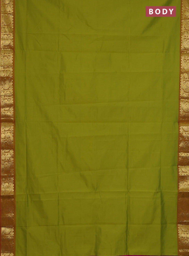 Semi silk cotton saree mustard green and pink with plain body and paisley zari woven border