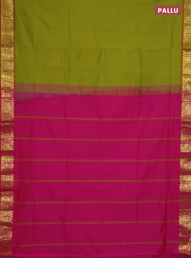 Semi silk cotton saree mustard green and pink with plain body and paisley zari woven border