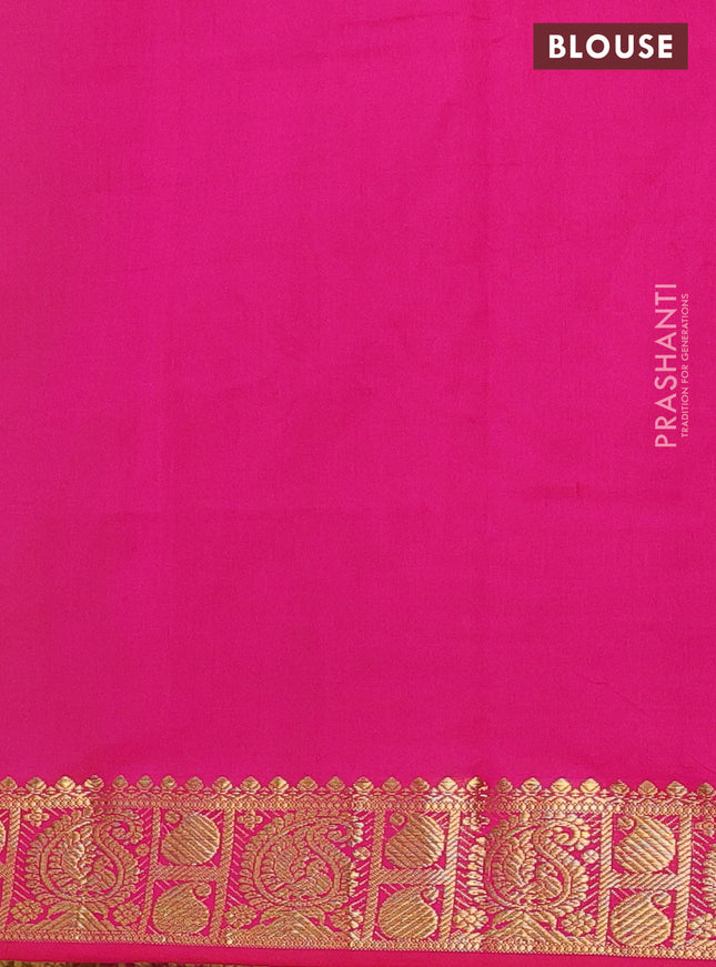 Semi silk cotton saree mustard green and pink with plain body and paisley zari woven border