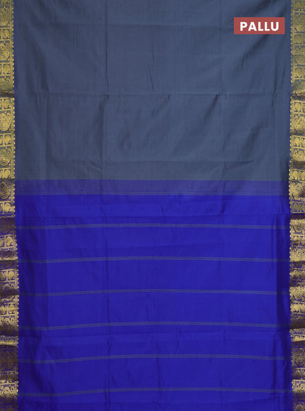 Semi silk cotton saree grey and blue with plain body and paisley zari woven border