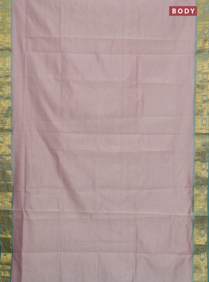 Semi silk cotton saree beige and teal blue with plain body and zari woven border