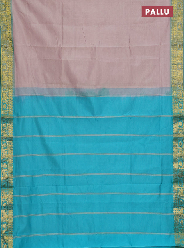 Semi silk cotton saree beige and teal blue with plain body and zari woven border